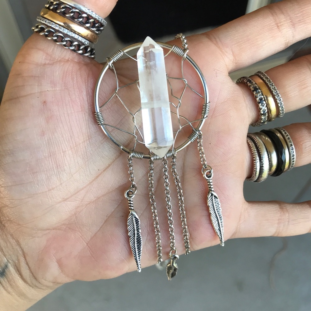 Dream catcher necklace . Genuine double point crystal quartz boho feather silver - Picture 2 of 11
